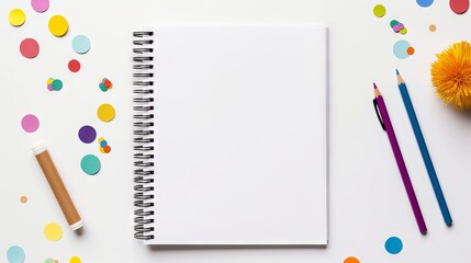 Vibrant back-to-school essentials: blank notebook and colorful supplies arranged in a creative flat lay desk composition.

