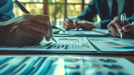 Corporate Board Analyzing Quarterly Performance For Business Efficiency: Executives Reviewing Financial Data And Strategic Plans On Printed Papers In A Modern Conference Room