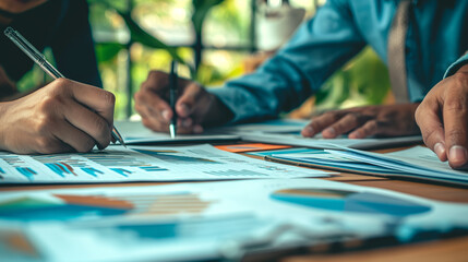 Obraz premium Corporate Board Analyzing Quarterly Performance For Business Efficiency: Executives Reviewing Financial Data And Strategic Plans On Printed Papers In A Modern Conference Room