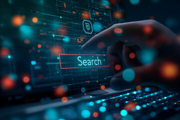 Obraz premium Hands Typing on a Laptop Displaying a Search Bar: Focused Work Environment with Modern Technology and Real-Time Information Access