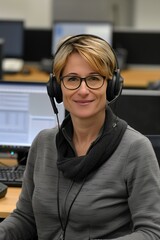 Portr&auml;t einer fr&ouml;hlich l&auml;chelnden reifen Frau mit grauen Haaren und Brille, die ein Headset tr&auml;gt, modernes B&uuml;ro. Call-Center, professionelle Unterst&uuml;tzung, Online-Ausbildung f&uuml;r &auml;ltere Menschen