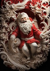 Obraz premium color photo of happy Santa with Elves, papercut style , A whimsical scene unfolds, capturing the joy and magic of Santa Claus delivering presents in a delightful paper cutout style. Santa