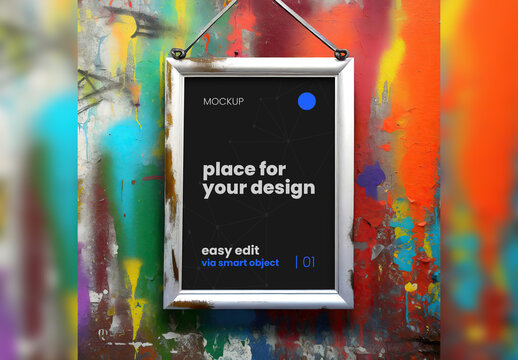 Poster page frame hanging on rusty spray graffiti background mockup 02 Generative Ai