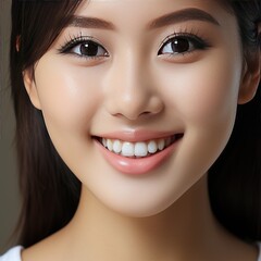 A close-up of the head of a smiling Asian girl with gorgeous white and straight teeth, perfect for advertising for dentists.