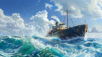 Fototapeta premium oil painting.Pirate ships fighting during a storm.
