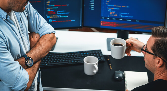 IT developers discussing online software development information on pc screen, creating program coding for latest version application on website. Concept of brainstorming firmware updated. Sellable.