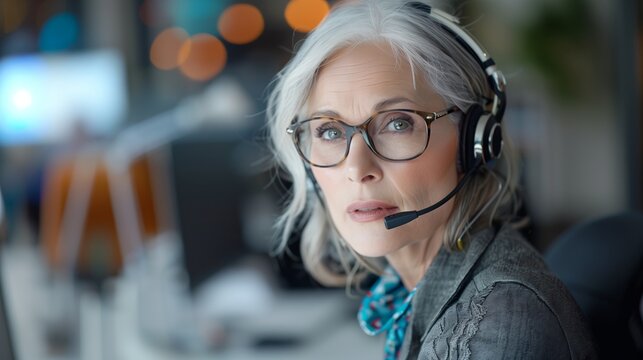 Portr&auml;t einer fr&ouml;hlich l&auml;chelnden reifen Frau mit grauen Haaren und Brille, die ein Headset tr&auml;gt, modernes B&uuml;ro. Call-Center, professionelle Unterst&uuml;tzung, Online-Ausbildung f&uuml;r &auml;ltere Menschen