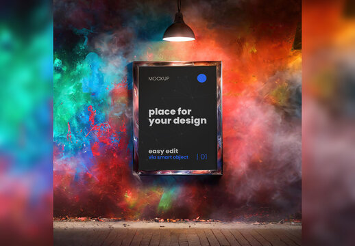 Poster page frame hanging on rusty spray graffiti colorful background mockup 01 Generative Ai