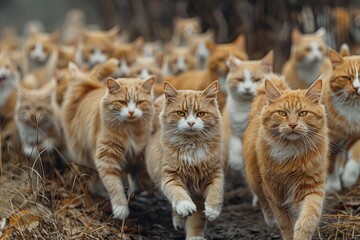Obraz premium Many cats running together frontal view