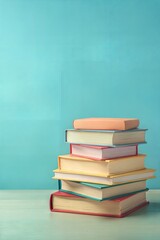 Fototapeta premium School book stack with turquoise background or poster with copy space. School banner for education advertising symbolizing knowledge and education, learning, study