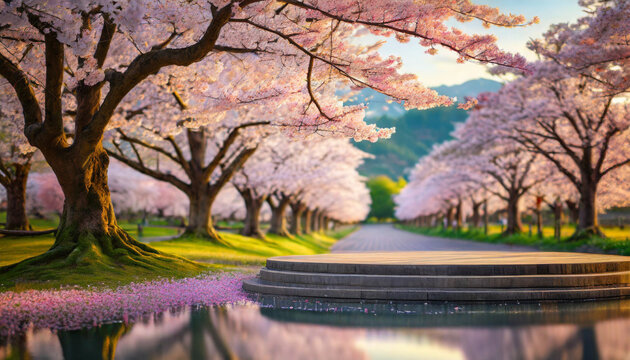 product display on podium with blurred Sakura tree and Japanese setting in background