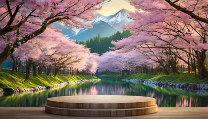 product display on podium with blurred Sakura tree and Japanese setting in background