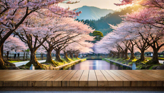 product display on podium with blurred Sakura tree and Japanese setting in background