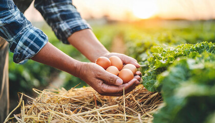 hands collect fresh eggs at sunrise from a straw coop on a farm