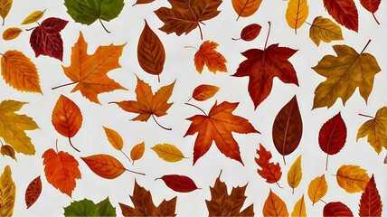 Vibrant autumn leaves set against a white background. a collection of dry colorful foliage. Autumn leaves seamless pattern