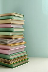 Tall stack of colorful school books on a soft pastel background with ample copy space on the right for text