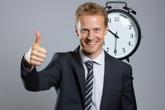 Professional Businessman Giving Thumbs Up in Front of a Clock, Indicating Success and Time Management