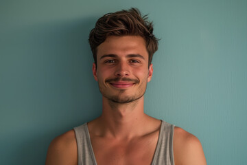 A close up portrait of a young man with a subtle smile