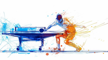 Playing table tennis. Blue and orange illustration depicts man table tennis player in dynamic action, energetically kicking ball. Pencil sketch captures movement on white background. Copy space.