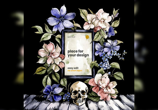 Poster Frame Page Mockup with illustrated flowers around and skull Generaive Ai