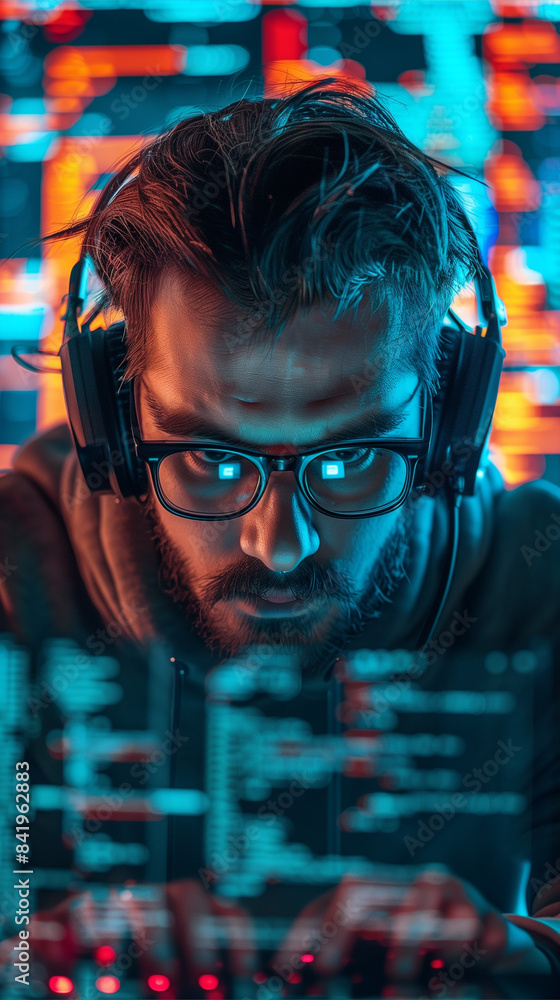 Aufkleber Focused Programmer Working Late At Night on a Computer Screen
