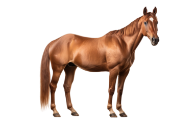 A full-body image of a chestnut horse with a glossy coat and attentive expression, standing isolated against a white background