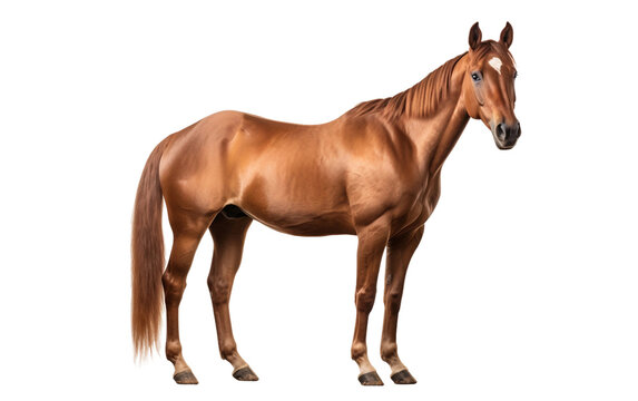 A full-body image of a chestnut horse with a glossy coat and attentive expression, standing isolated against a white background