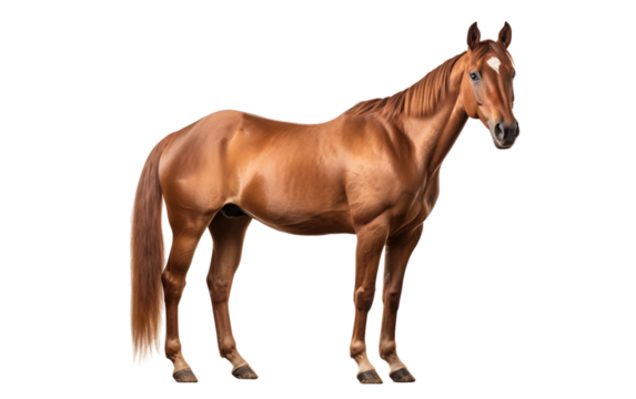 A full-body image of a chestnut horse with a glossy coat and attentive expression, standing isolated against a white background