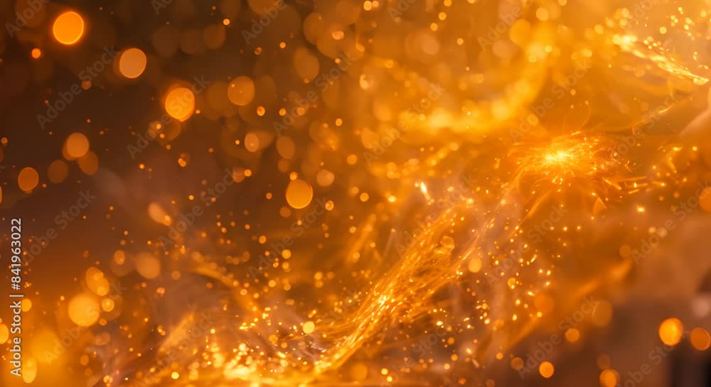 Poster golden particles are flowing and sparkling creating a magical abstract background with bokeh effect.