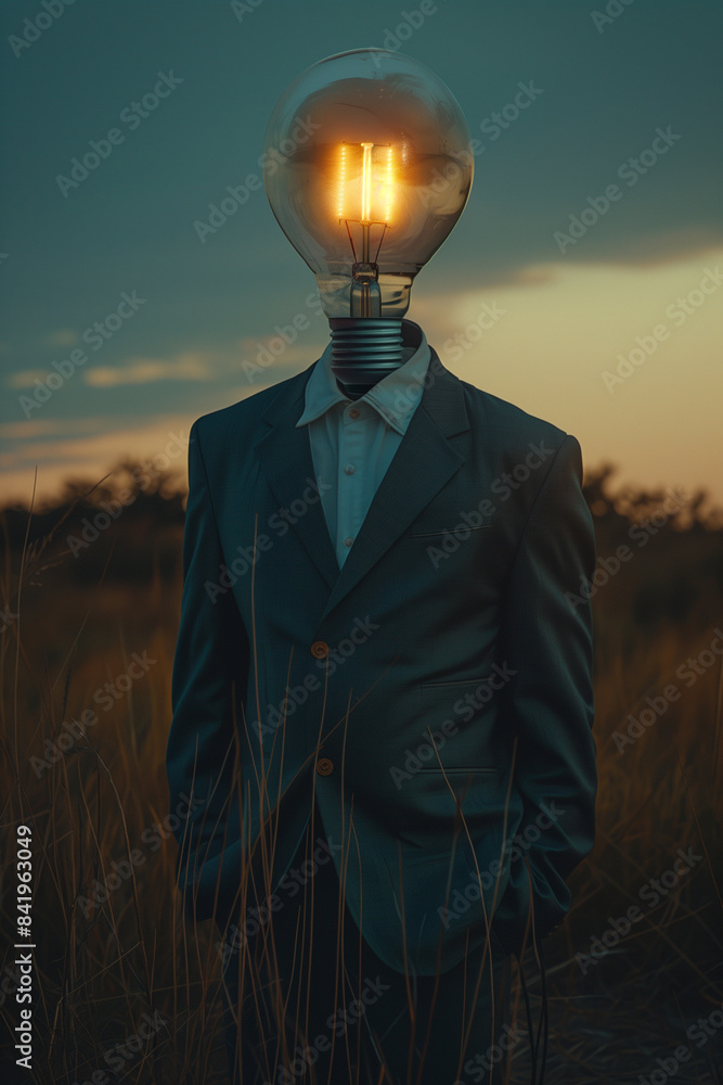 Poster Man With Lightbulb Head in Field at Sunset