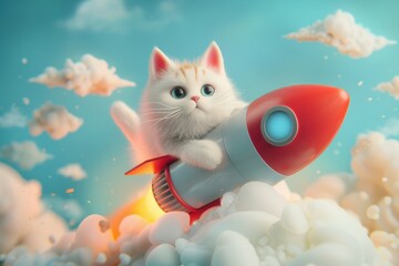 Adorable cat sitting on a rocket flying through fluffy clouds, creating a whimsical and imaginative scene.