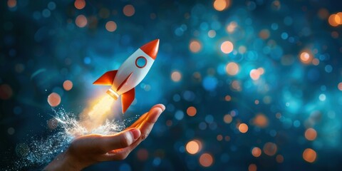 Hand holding a launching rocket, symbolizing innovation, growth, and success against a sparkling blue background.
