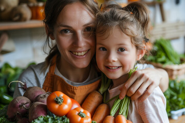 Fototapeta premium Happy Mother and Daughter Holding Fresh Produce at a Local Market