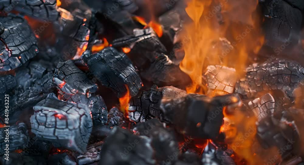 Poster charcoal briquettes are burning. creating a mesmerizing display of orange and red flames dancing acr