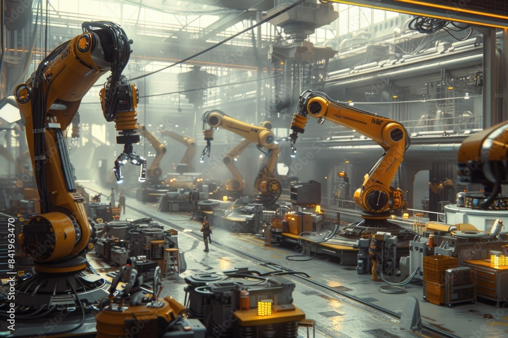 Poster robot machine arm working and checking electronic parts at production line. factory machine or robot