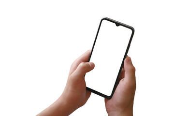 A teenager holds a smartphone with both hands. PNG mockup of phone with white screen on transparent background. There is a work path in the file.