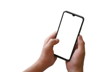 A teenager holds a smartphone with both hands. PNG mockup of phone with white screen on transparent background. There is a work path in the file.