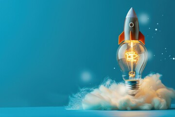 Rocket-shaped light bulb launching into the air, symbolizing creative ideas and innovation over a blue background.