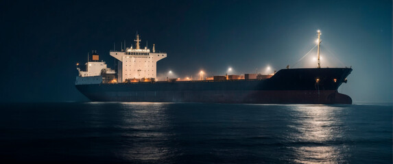 Obraz premium Bulk carrier in the misty ocean under moonlight