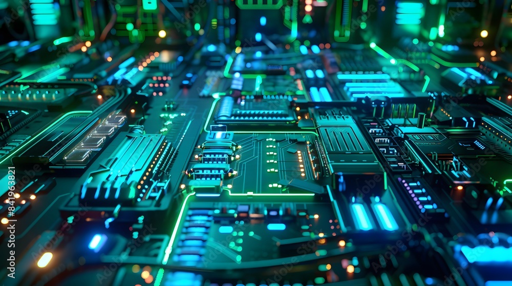 Poster a close-up of a glowing circuit board, showcasing the intricate design and advanced technology of el