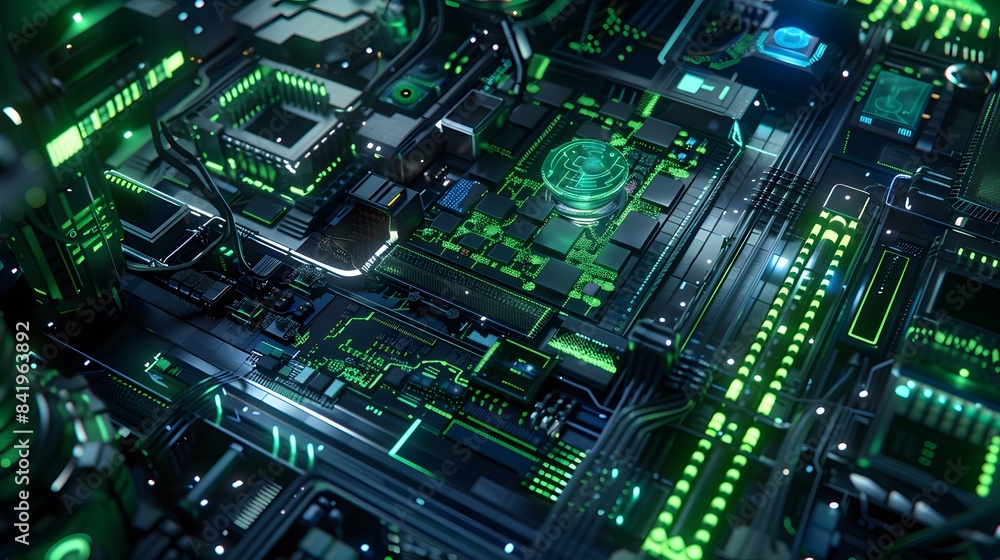 Poster a futuristic circuit board design with glowing elements, representing advanced technology and innova