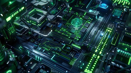 Fototapeta premium A futuristic circuit board design with glowing elements, representing advanced technology and innovation in electronics.