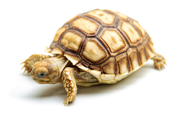 Baby Sulcata Tortoises walking isolated white background