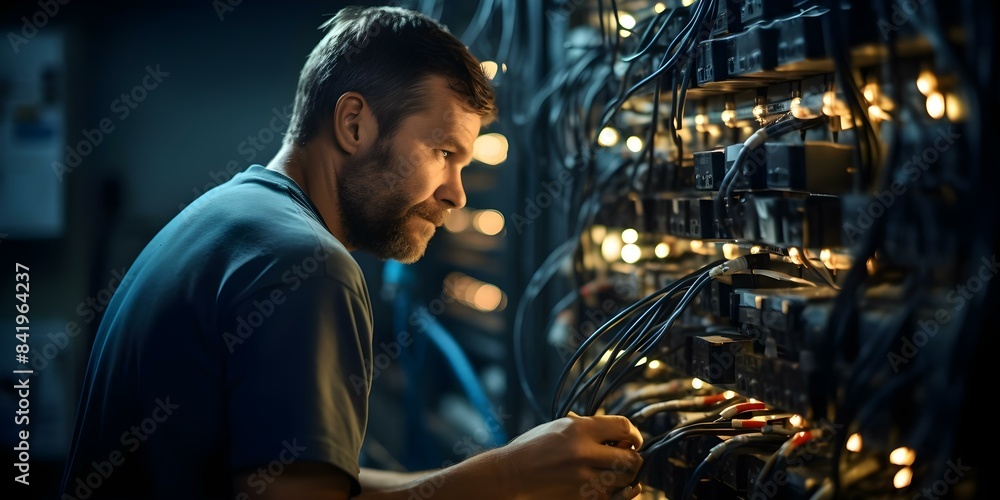 Poster it technician maintaining computer server in server room. concept server maintenance, it technician,