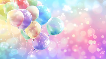Colorful pastel balloons floating against a dreamy bokeh background, creating a festive and joyful atmosphere.