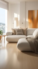 White sofa, white coffee table, white floor, cream style interior decoration best picture quality,bestquality, high quality, retina