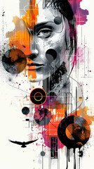A urban abstract graffiti wall art, abstract portraits of a woman face and a crow. in the style of collage-like compositions. Poster design