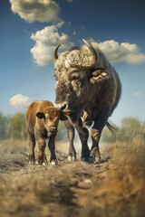 Mother Bison with her calf walking in the grassland