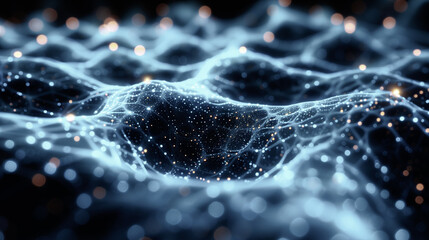 A captivating digital landscape with glowing lights and abstract lines creating a dynamic, sparkling network.