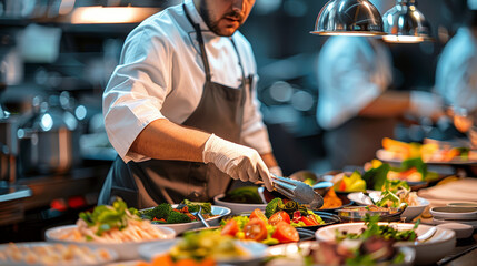 A chef in a bustling kitchen skillfully preparing a variety of vibrant dishes, his concentration evident amidst the culinary chaos.